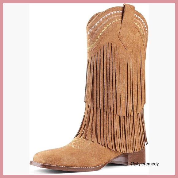 Shoes - Fringe Mid Calf Cowgirl Boots with Low Chunky Block Heel Square Toe Pull On